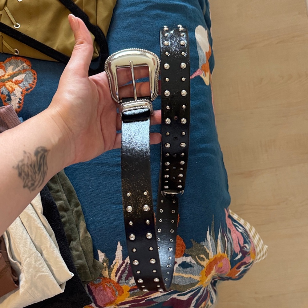 Studded Black Leather Belt with Silver Buckle
